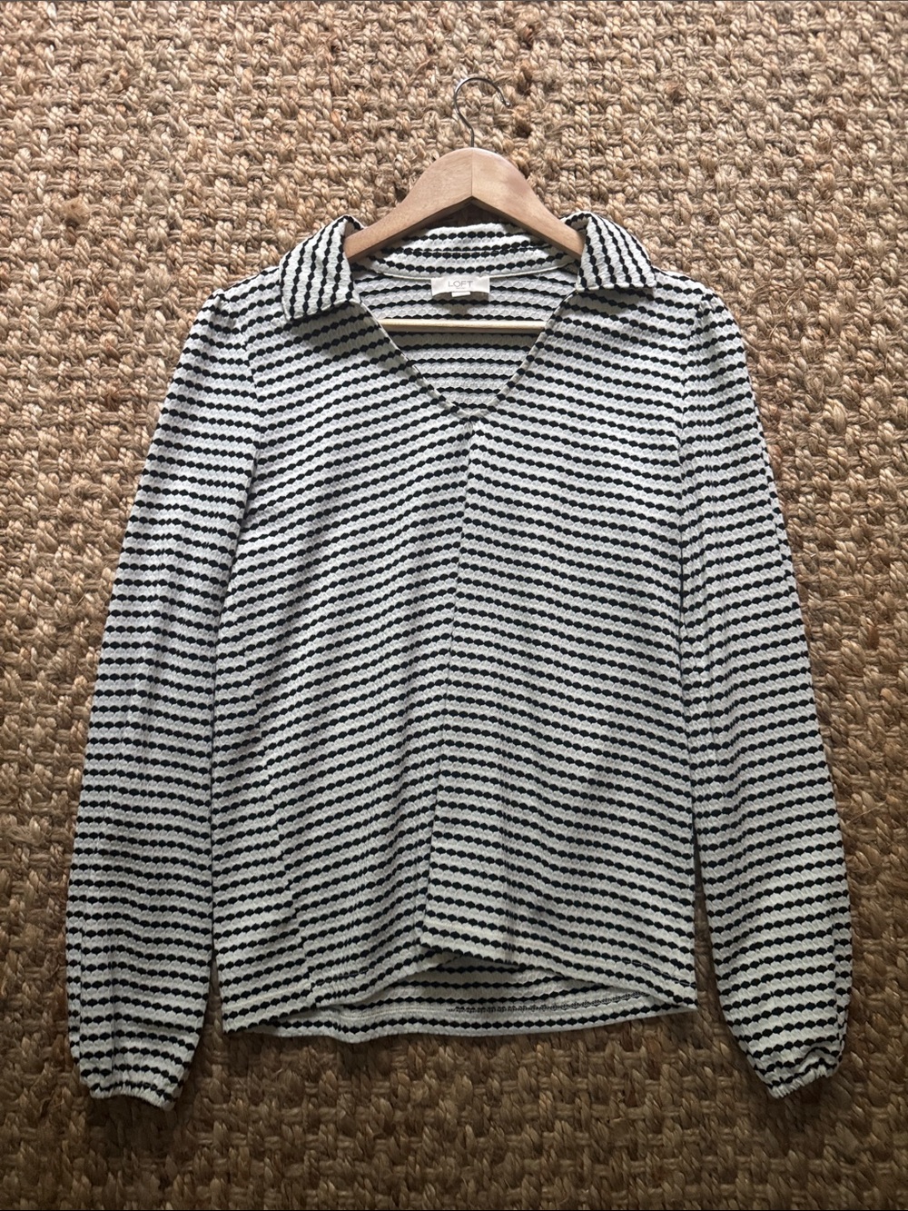 LOFT Black & White Striped Collared V-Neck Sweater